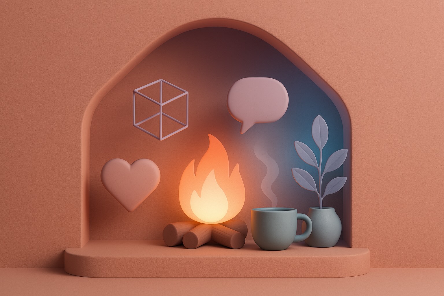 Designers Hearth - A cozy illustration featuring a warm fireplace, coffee cup, and design elements